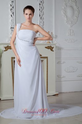 One Shoulder Chiffon Ruch Bridal Dress Court Train Beading