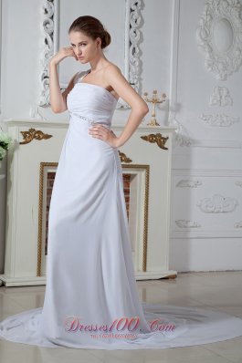 One Shoulder Chiffon Ruch Bridal Dress Court Train Beading