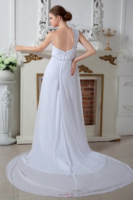 One Shoulder Chiffon Ruch Bridal Dress Court Train Beading