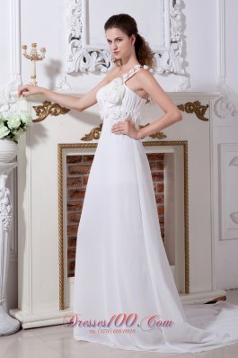 Wedding Dress One Shoulder Chiffon Court Train Hand Made Flowers