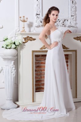 Wedding Dress One Shoulder Chiffon Court Train Hand Made Flowers