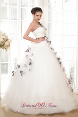 One Shoulder Ball Gown Tulle Hand Flowers Wedding Dress