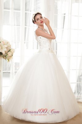 Straps V-neck Tulle and Taffeta Appliques Wedding Dress