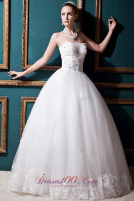 Ball Gown Strapless Floor-length Tulle Beading Wedding Dress