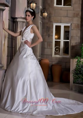 V-neck Chapel Train Satin Wedding Dress with Hand Made Flower