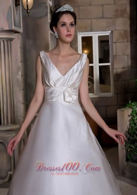 V-neck Chapel Train Satin Wedding Dress with Hand Made Flower