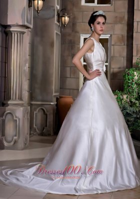 V-neck Chapel Train Satin Wedding Dress with Hand Made Flower