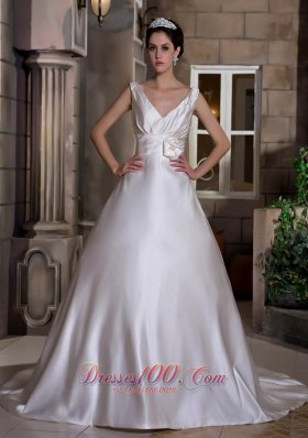 V-neck Chapel Train Satin Wedding Dress with Hand Made Flower