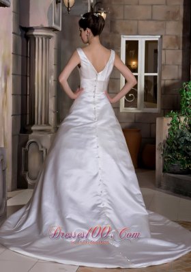 V-neck Chapel Train Satin Wedding Dress with Hand Made Flower