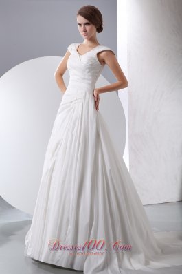 V-neck Ruch Wedding Dress Chapel Train Taffeta