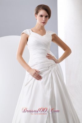 V-neck Ruch Wedding Dress Chapel Train Taffeta