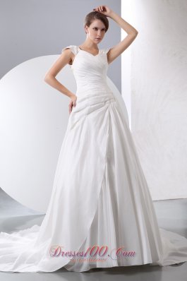 V-neck Ruch Wedding Dress Chapel Train Taffeta