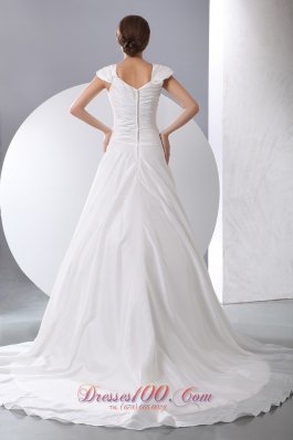 V-neck Ruch Wedding Dress Chapel Train Taffeta