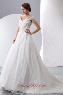 A-line Wedding Gown V-neck Beaded Chapel Train