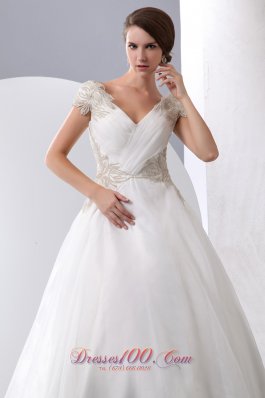 A-line Wedding Gown V-neck Beaded Chapel Train