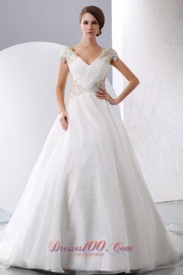 A-line Wedding Gown V-neck Beaded Chapel Train