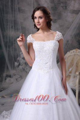 Customize Square Lace Court Train Wedding Dress Cap Sleeves
