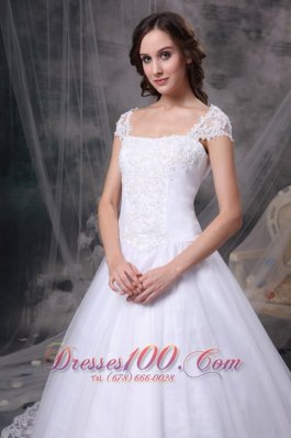 Customize Square Lace Court Train Wedding Dress Cap Sleeves
