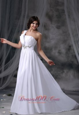 Beading One Shoulder Brush Train Chiffon Wedding Dress