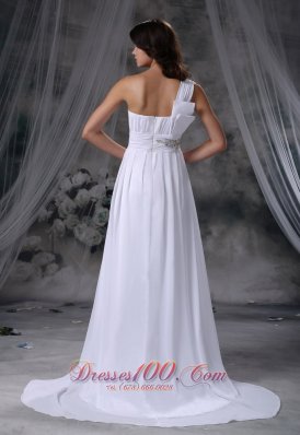 Beading One Shoulder Brush Train Chiffon Wedding Dress