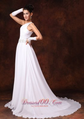 One Shoulder Chiffon Wedding Dress Empire Court Train