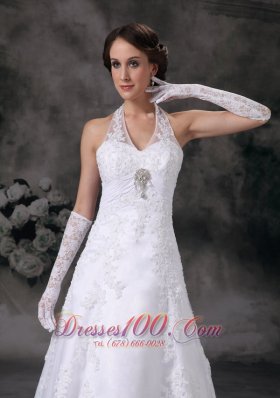 Applique A-line Halter Court Train Lace Beading Wedding Dress