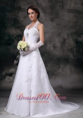 Applique A-line Halter Court Train Lace Beading Wedding Dress