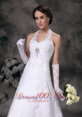 Applique A-line Halter Court Train Lace Beading Wedding Dress