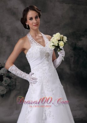 Applique A-line Halter Court Train Lace Beading Wedding Dress