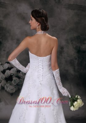 Applique A-line Halter Court Train Lace Beading Wedding Dress