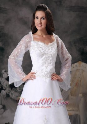 A-line Square Wedding Dress Long Sleeves Appliques Court Train