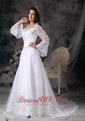 A-line Square Wedding Dress Long Sleeves Appliques Court Train