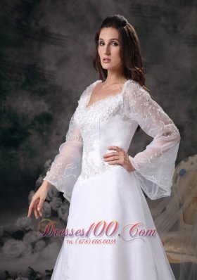 A-line Square Wedding Dress Long Sleeves Appliques Court Train