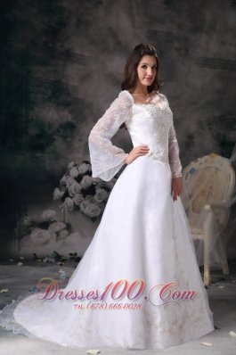 A-line Square Wedding Dress Long Sleeves Appliques Court Train