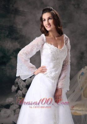 A-line Square Wedding Dress Long Sleeves Appliques Court Train