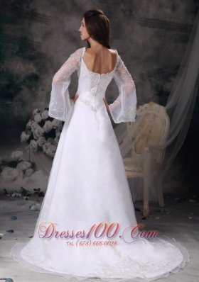 A-line Square Wedding Dress Long Sleeves Appliques Court Train