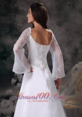 A-line Square Wedding Dress Long Sleeves Appliques Court Train