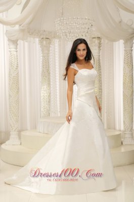 Square Neck Embroidery With Beading On Satin Wedding Dress