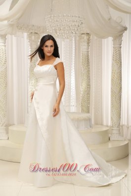 Square Neck Embroidery With Beading On Satin Wedding Dress