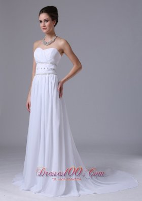 Beaded Waist Empire Sweetheart Court Train Wedding Dress