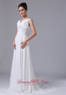 Empire Beaded Waist Chiffon Court Train Wedding Dress