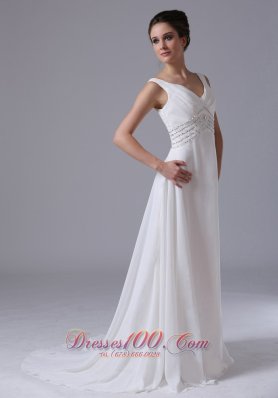 Empire Beaded Waist Chiffon Court Train Wedding Dress