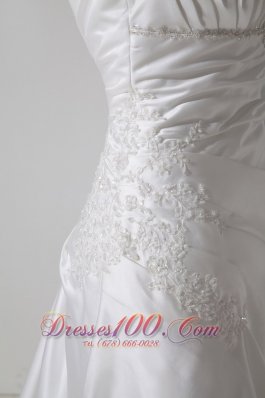 Column Wedding Dress V-neck Court Train Ruch and Appliques