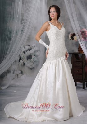 Straps Court Train Taffeta Beaded Wedding Dress