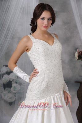 Straps Court Train Taffeta Beaded Wedding Dress