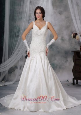 Straps Court Train Taffeta Beaded Wedding Dress