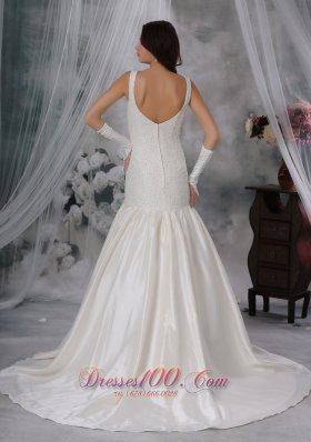 Straps Court Train Taffeta Beaded Wedding Dress