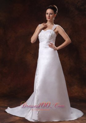 Straps Court Train Satin Church Wedding Dress With Embroidery