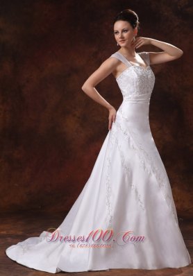 Straps Court Train Satin Church Wedding Dress With Embroidery