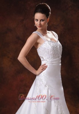 Straps Court Train Satin Church Wedding Dress With Embroidery